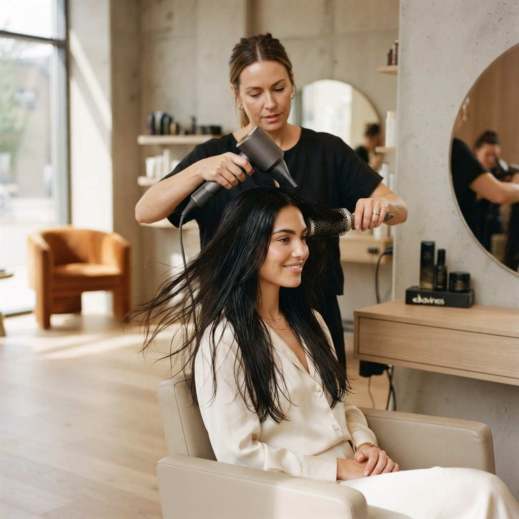 Client having her hair styled in a minimal salon