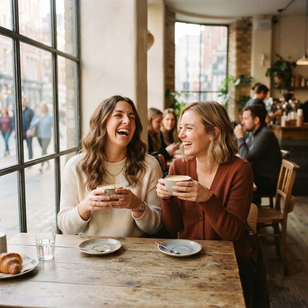 Two friends laughing over coffee in a bright city cafe