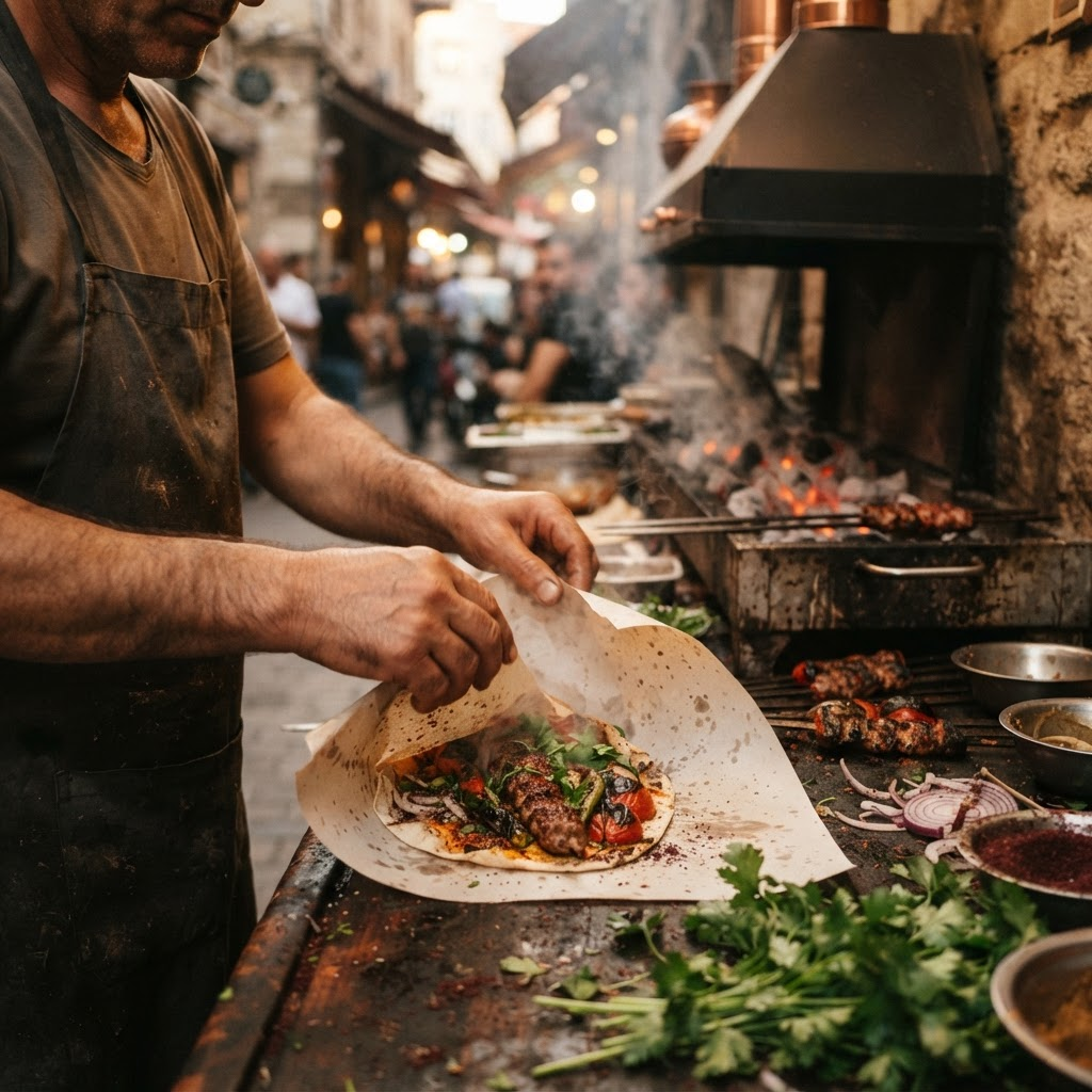 Fresh grilled kebab being wrapped at a city grill