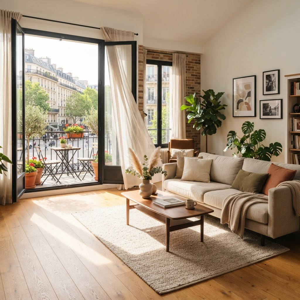 Sunlit apartment living room with balcony doors open to the street