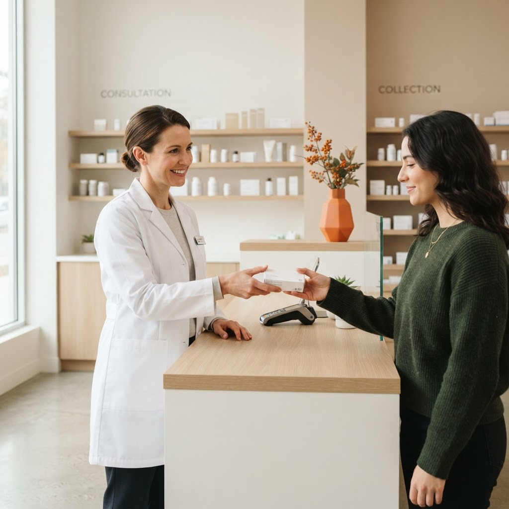 Pharmacist handing over a box of medicine at a clean counter
