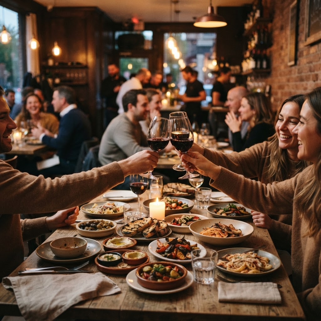 Warm neighbourhood restaurant table at dusk