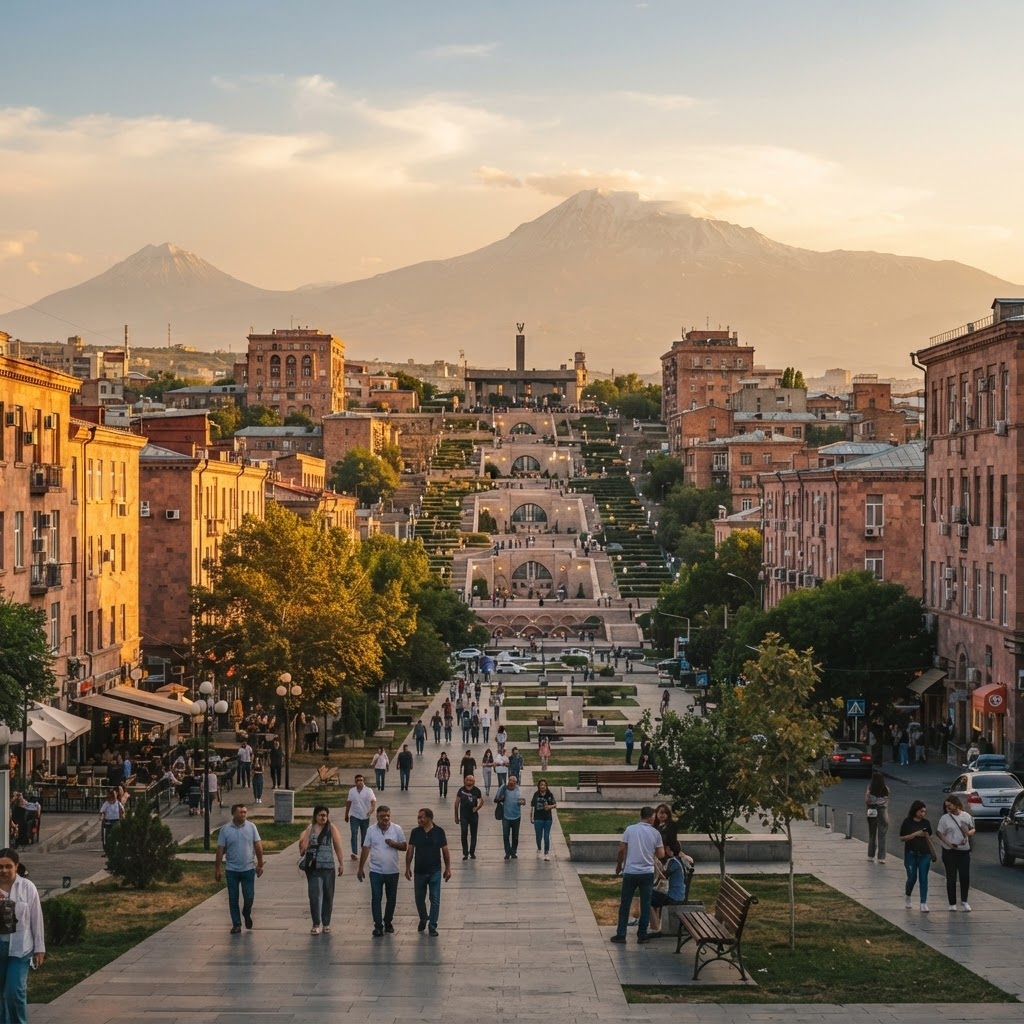 Yerevan rooftops at golden hour with Mount Ararat in the distance